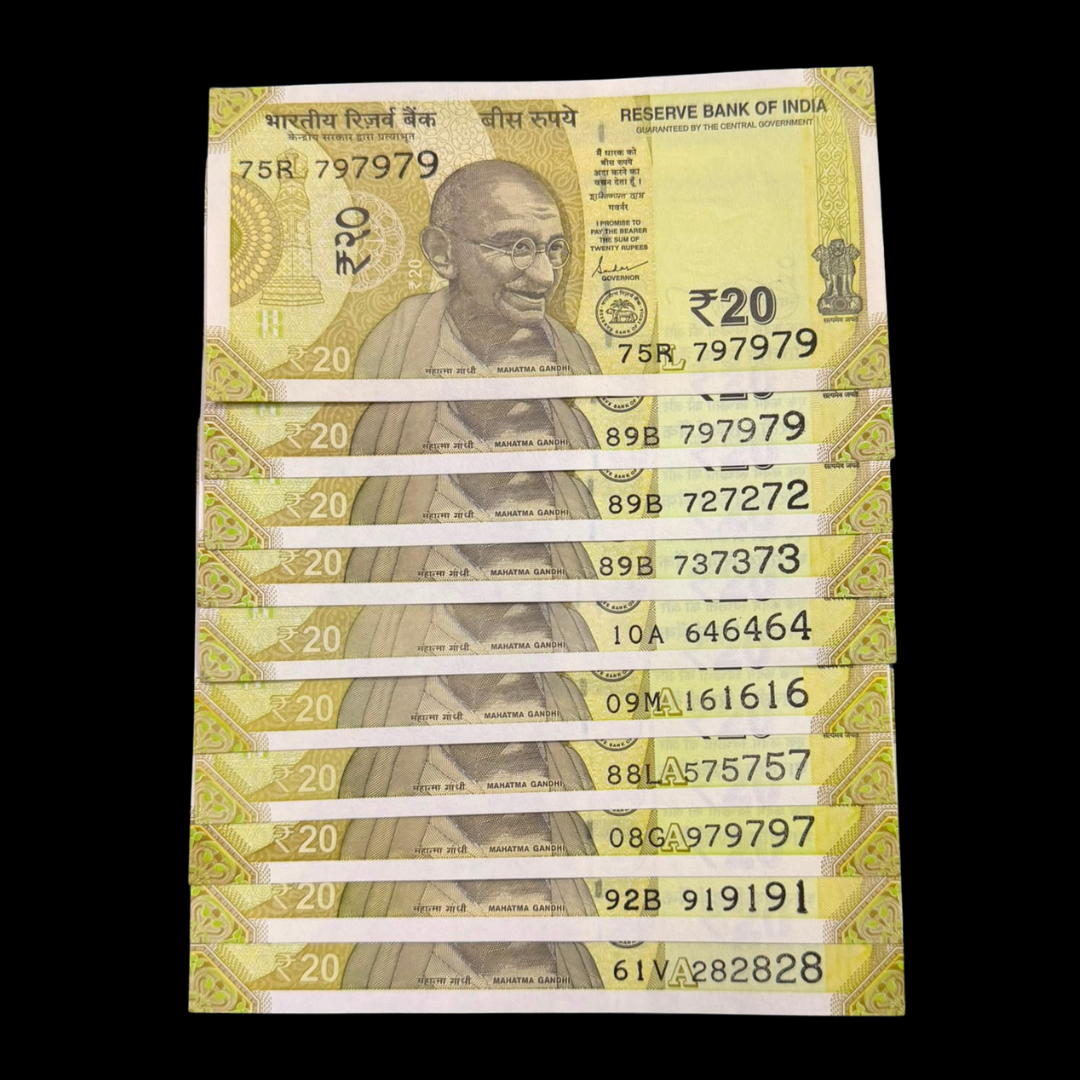 Rs 20 Set of 10 Notes Tripling Number Set Rare Item - Collection Bazzar