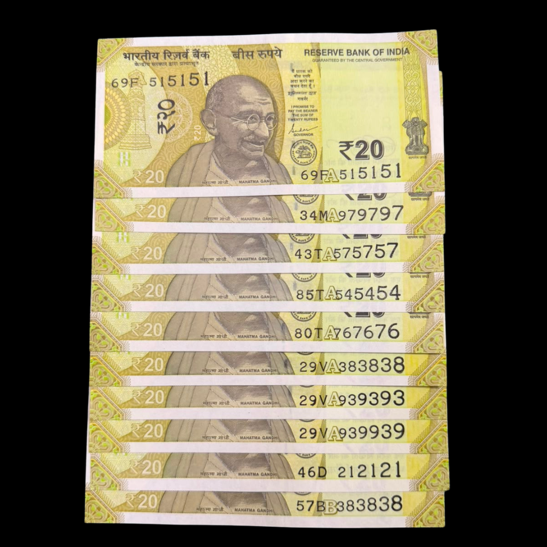 Rs 20 Set of 10 Notes Tripling Number Set Rare Item - Collection Bazzar