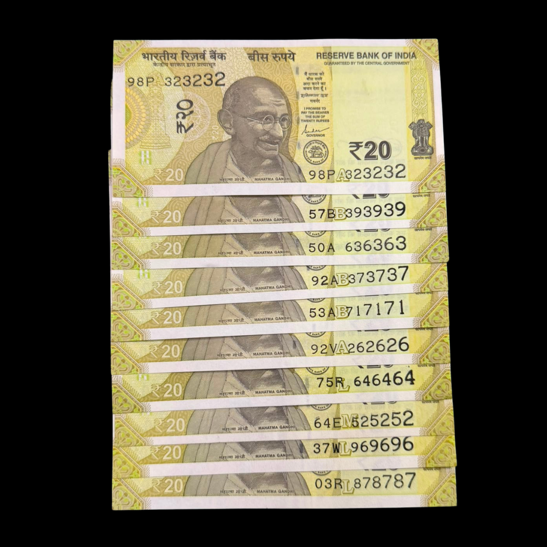 Rs 20 Set of 10 Notes Tripling Number Set Rare Item - Collection Bazzar