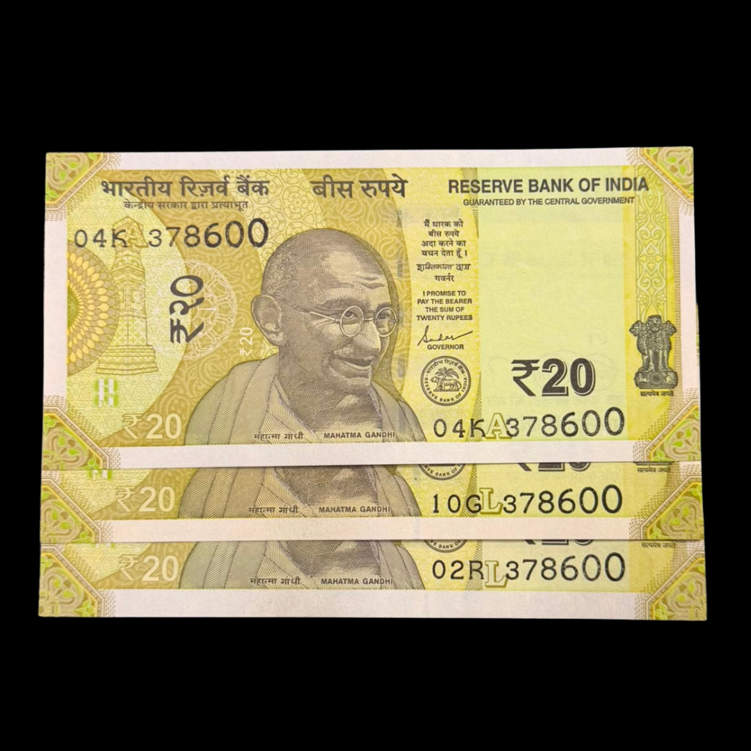 Rs 20 Set of 3 Notes Middle 786 Holy Bismillah Number 378600 Rare - Collection Bazzar