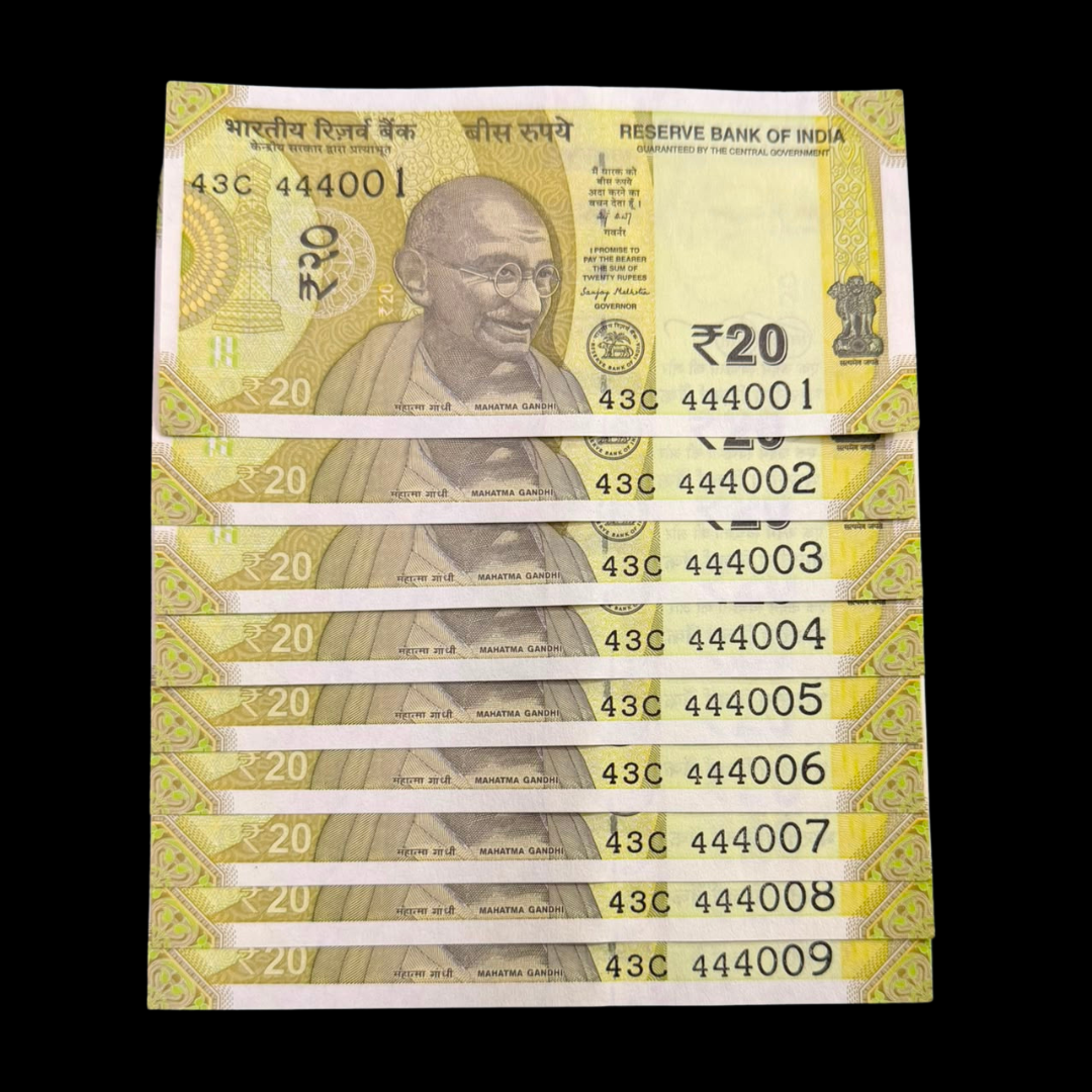 Rs 20 Set of 9 Notes 444001 - 444009 Same Prefix 43C Rare - Collection Bazzar