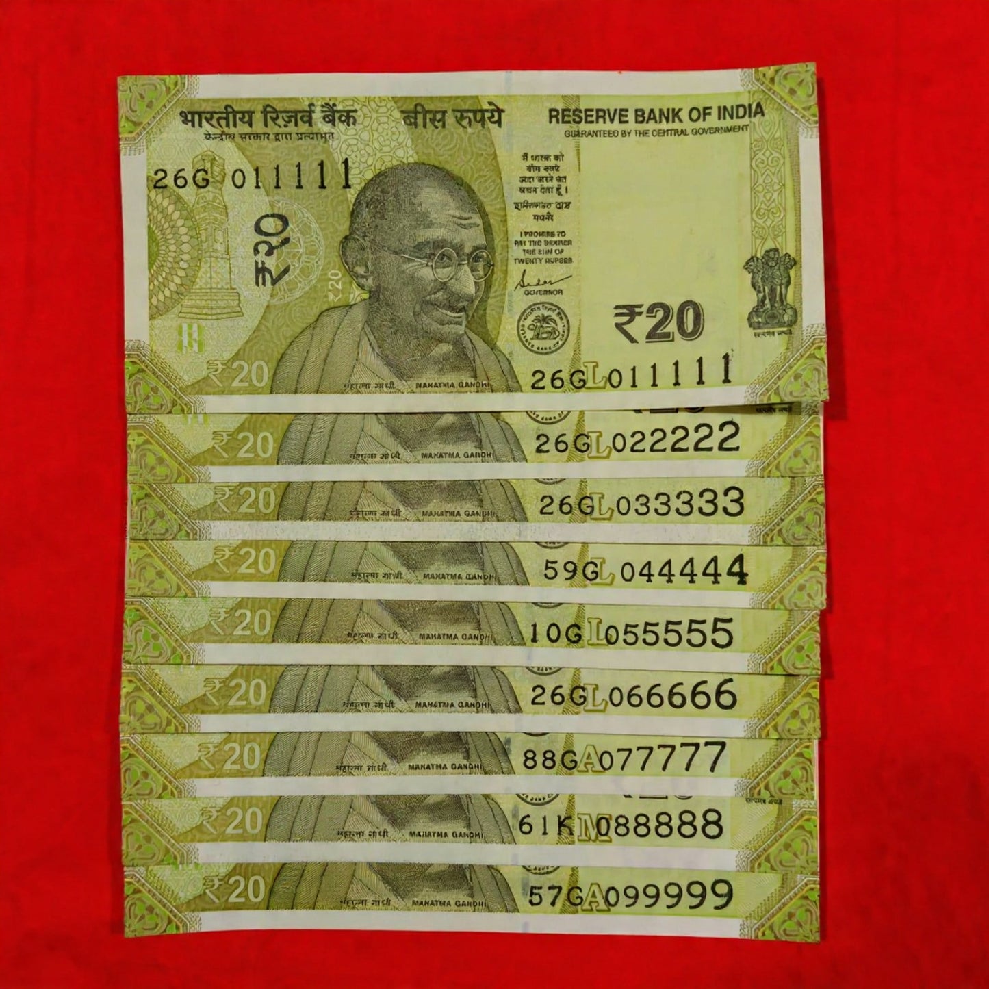 Rs 20 Set of 9 Notes serialed 011111-099999 Rare Collectible - Collection Bazzar