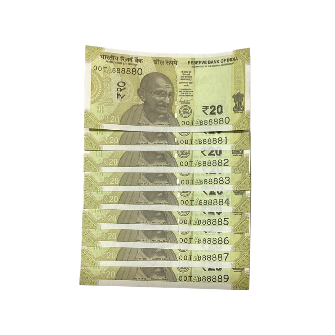Rs 20 Note Set of 9 Prefix 0OT | 888888(Not Included) | Rare Collectible Item - Collection Bazzar