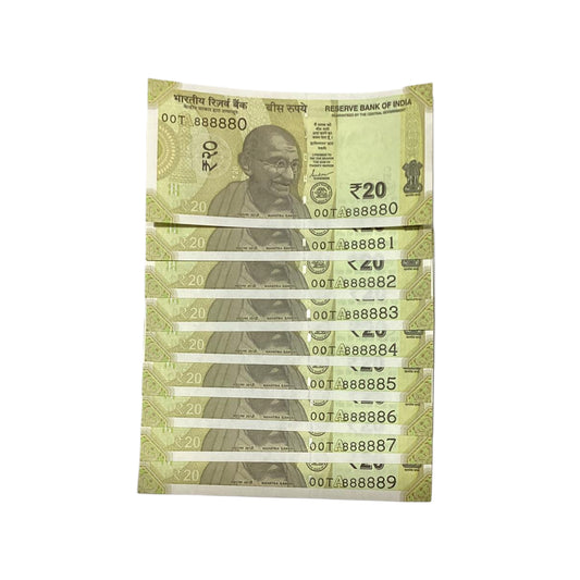 Rs 20 Note Set of 9 Prefix 0OT | 888888(Not Included) | Rare Collectible Item - Collection Bazzar