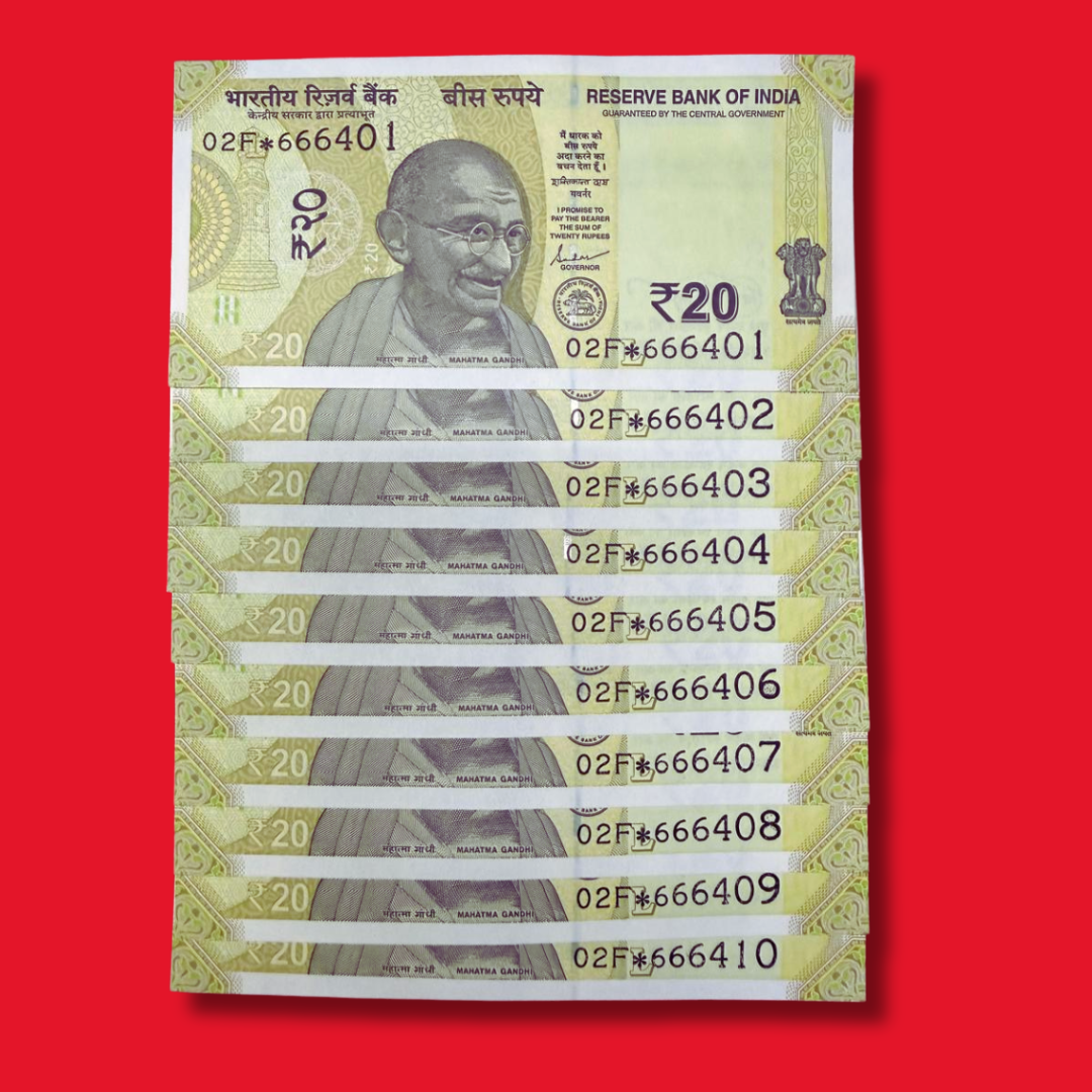 Rs 20 Star Note 666401-666410 Set of 10 Notes Rare Collectible - Collection Bazzar