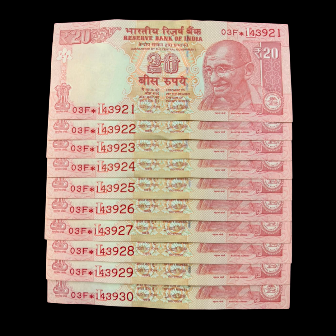 Rs 20 Star Set 10 Notes 143921-143930 Starting Love You Number - Collection Bazzar