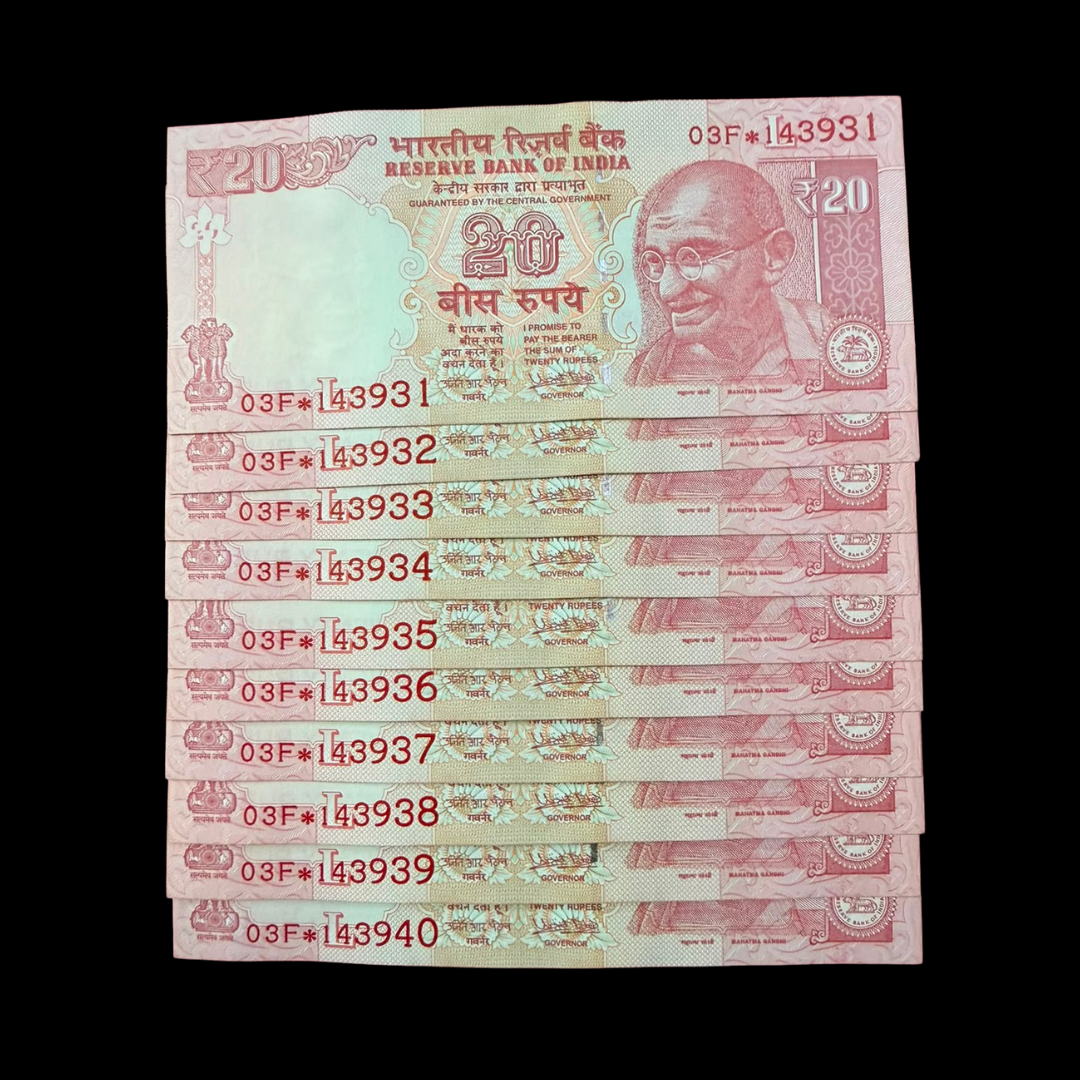 Rs 20 Star Set 10 Notes 143931-143940 Starting Love You Number - Collection Bazzar