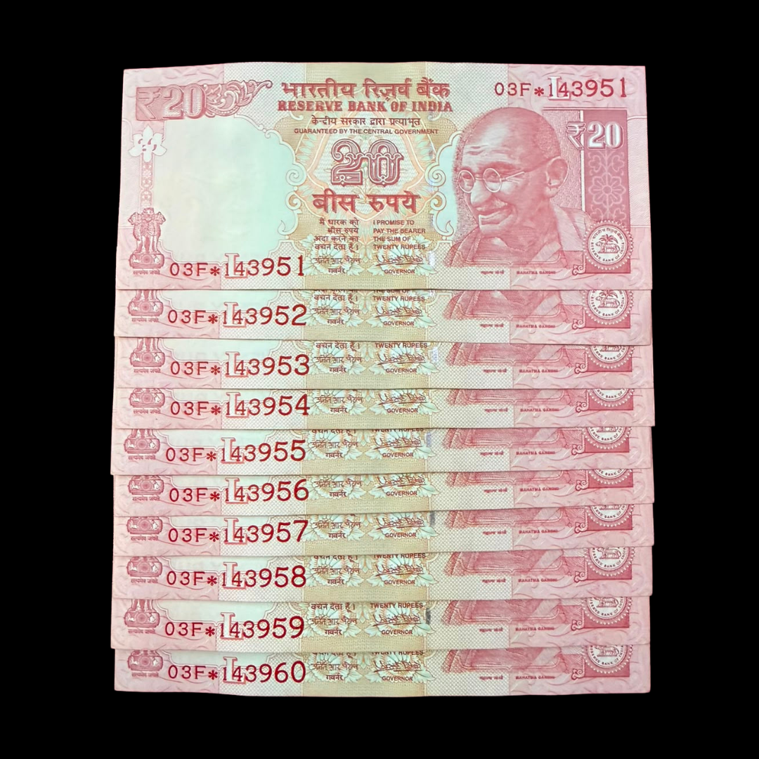 Rs 20 Star Set 10 Notes 143951-143960 Starting Love You Number - Collection Bazzar
