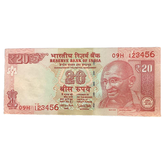 Rs 20 old telescopic prefix 09H  123456 governor urjit patel rare collectible - Collection Bazzar