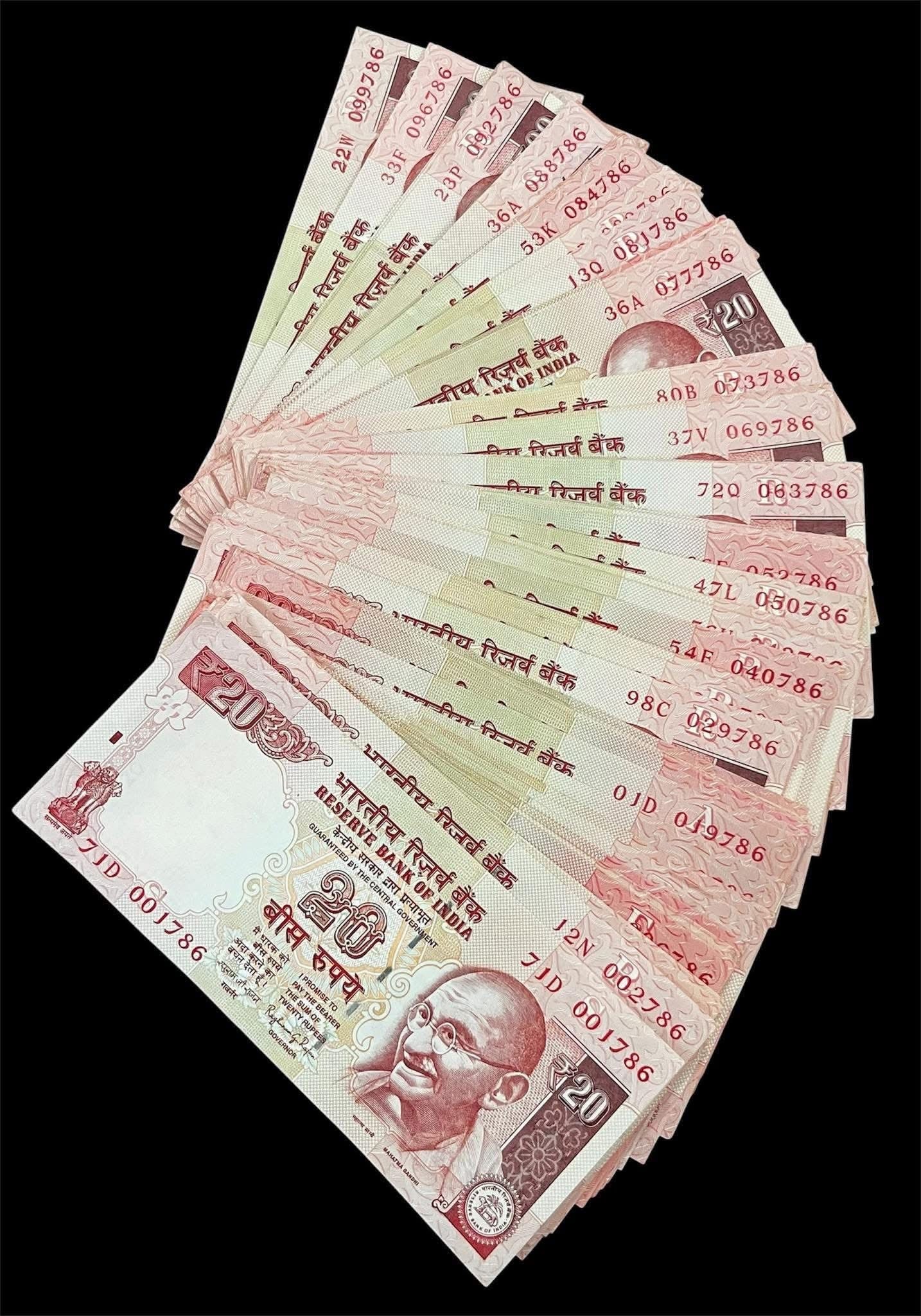 Rs 20 bank note India old denomination 100 pis all different number ending 786 - Collection Bazzar