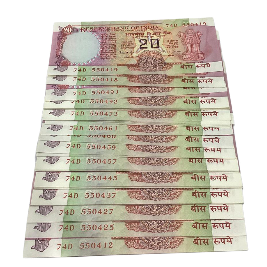 Rs 20 konark issue prefix 74 D 10 notes lot 999 governor bimal jalan rare collectible - Collection Bazzar