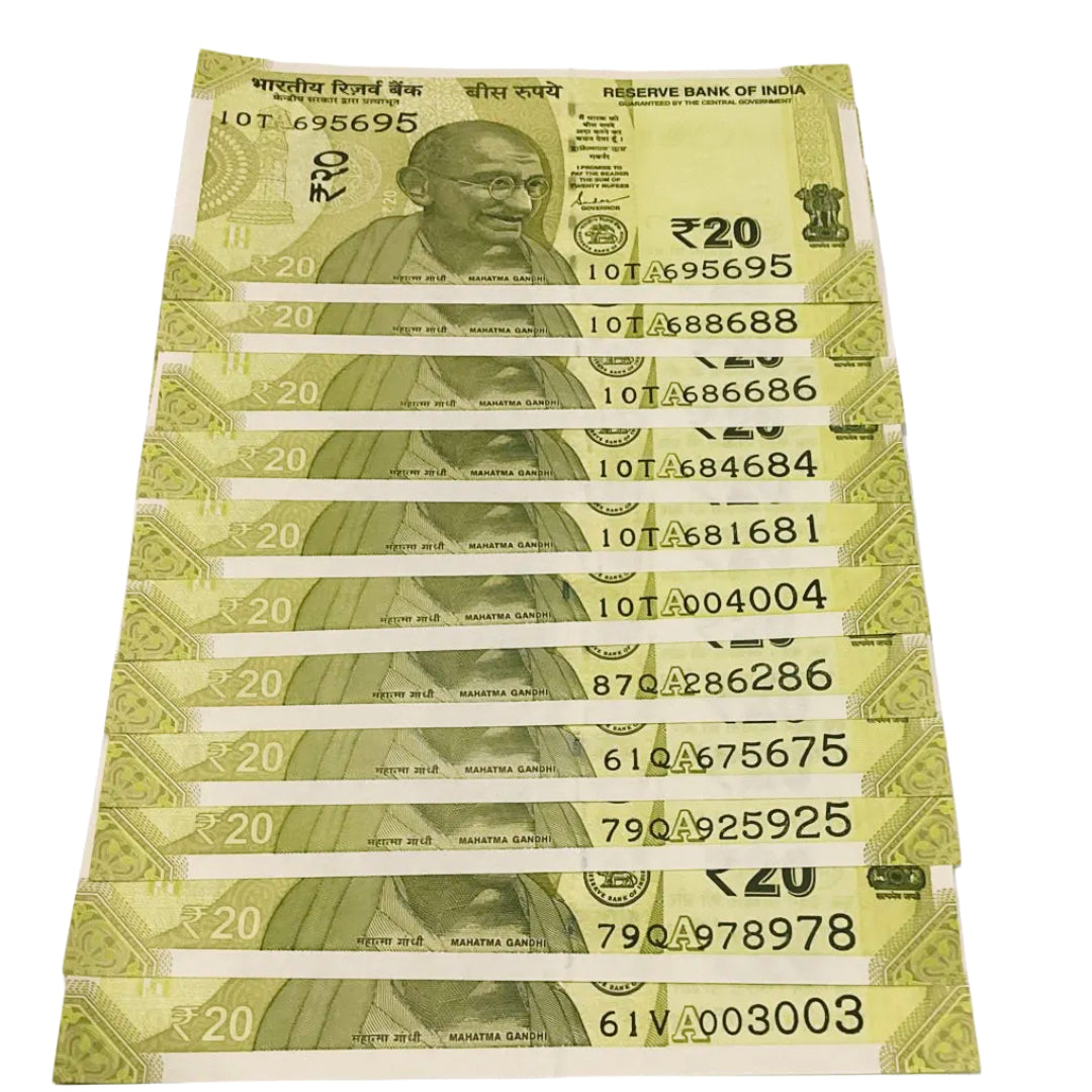 Rs 20 new doubling number 11 notes lot excellent for collection - Collection Bazzar