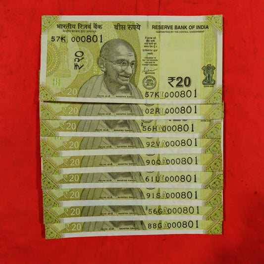 Rs 20 Note Serial 000801 Reverse 108 Ending Jaap Mala Each Note Price - Collection Bazzar