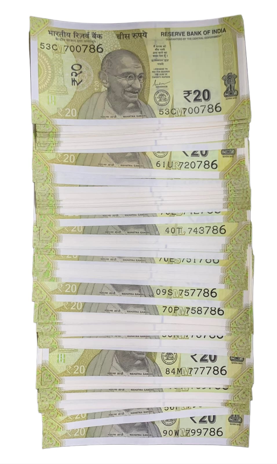 Rs 20 note 100 pis ending 786 all note different 786 extremely rare note limited stock - Collection Bazzar