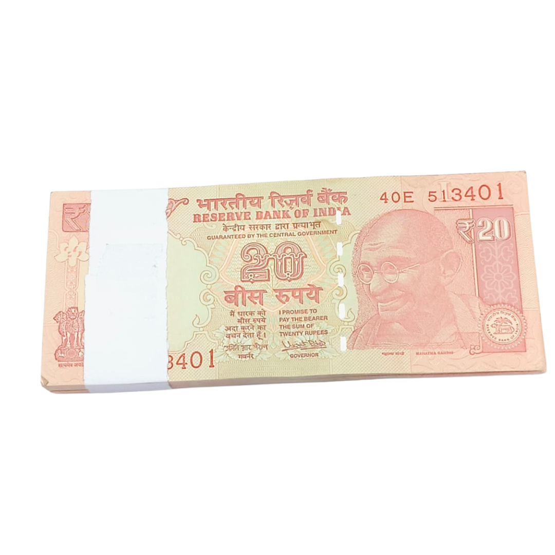 Rs 20 note packet with serial number 513401 signed by Urjit Patel, 100 notes bundle collectible currency