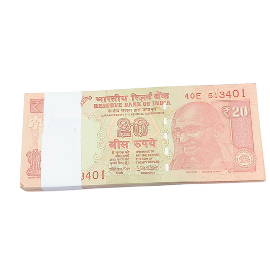 Rs 20 note packet with serial number 513401 signed by Urjit Patel, 100 notes bundle collectible currency