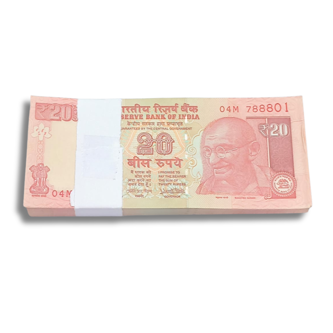 Rare Rs 20 note packet, serial 788801, signed by Urjit Patel, full 100 notes bundle, collectible Indian currency