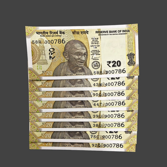 Rs 20 note sarting hundred number ending 786 holy bismillah number each note 200  governor shaktikant das rare collectible - Collection Bazzar