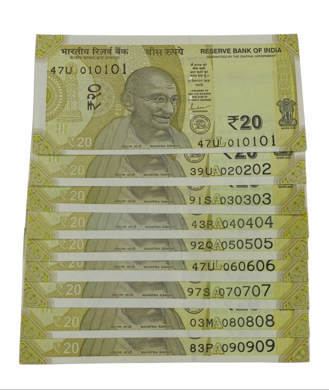Rs 20 note tripling 010101  090909 birthday note set  rare collectable item - Collection Bazzar