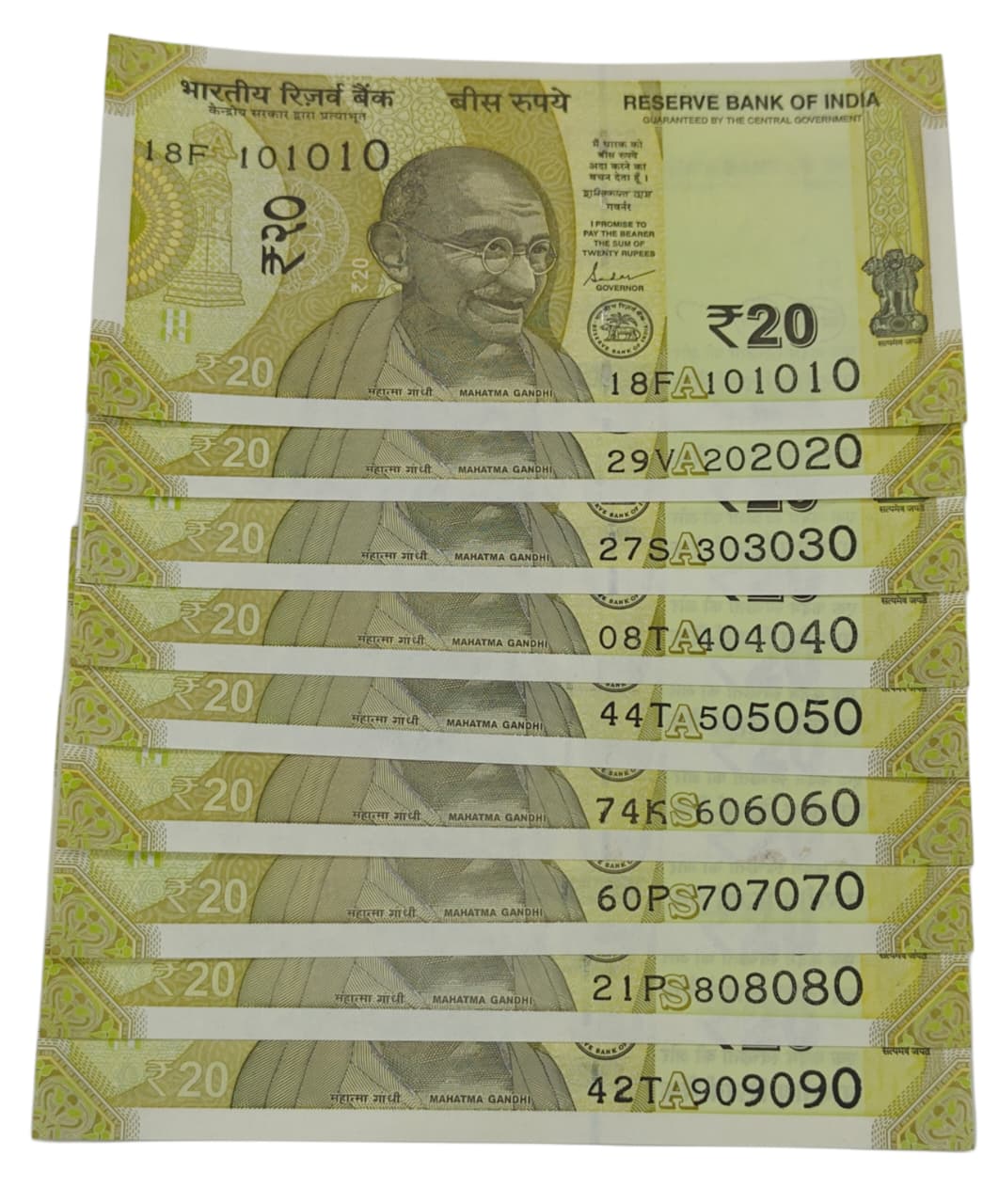 Rs 20 note tripling 101010 909090 9 note set  rare collectable item - Collection Bazzar