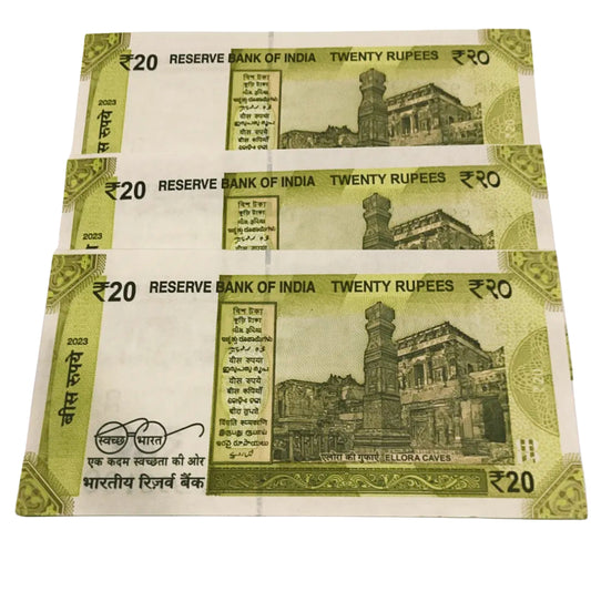 Rs 20 notes cutting error 993098-993100 each note 250 governor shaktikant das rare collectible - Collection Bazzar