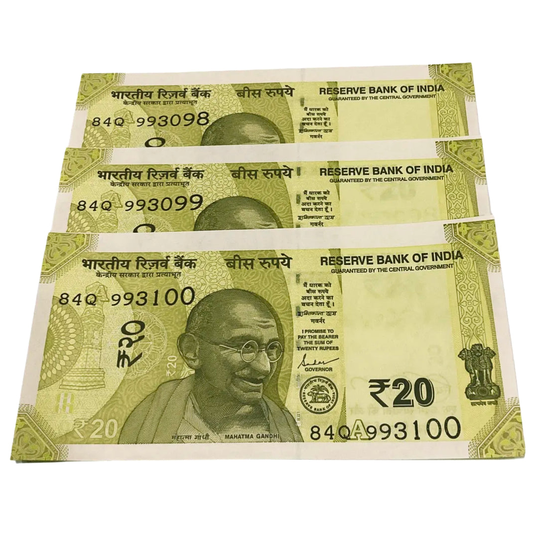 Rs 20 notes cutting error 993098-993100 each note 250 governor shaktikant das rare collectible - Collection Bazzar
