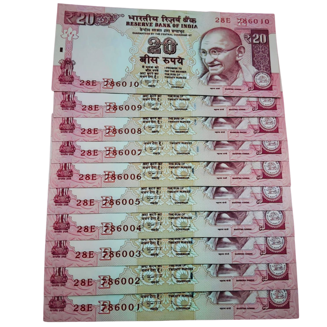 Rs 20 old bismilah holy no set 786001-10 D subbarao sign rare - Collection Bazzar