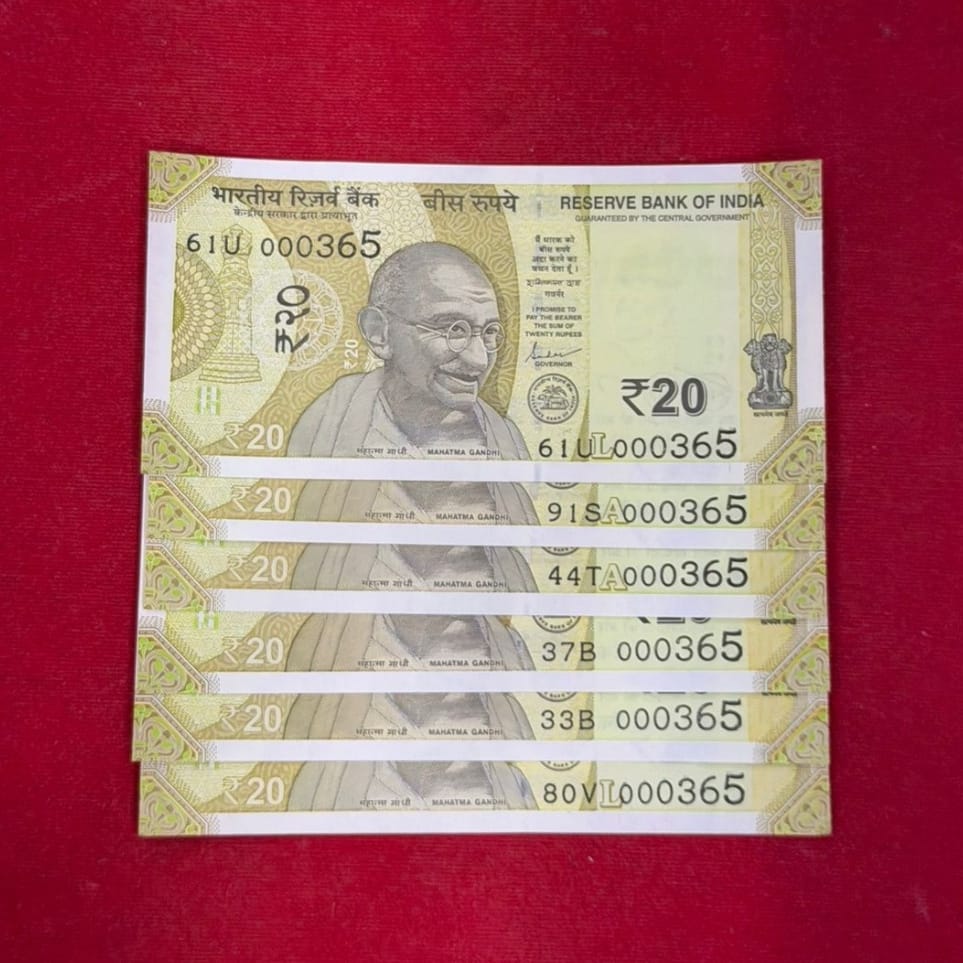Rs 20 semi Fancy no 000365 Days Of The Year Each Note Price - Collection Bazzar