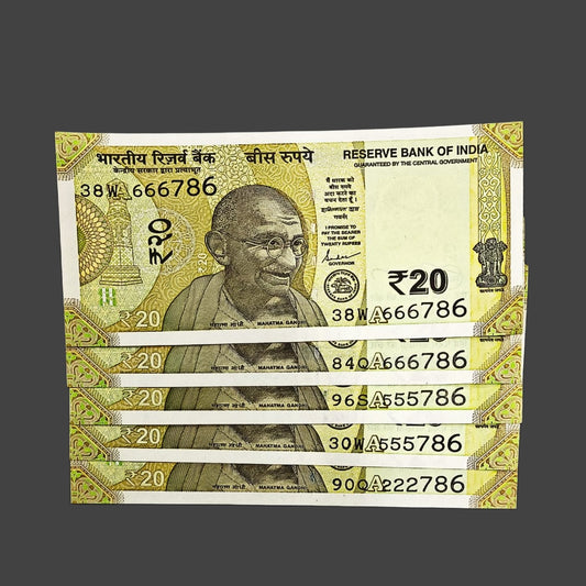 Rs 20 note starting tripling plus ending 786 holy bismillah number each note 400 governor shaktikant das rare collectible - Collection Bazzar