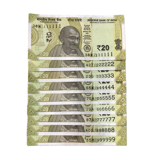Rs 20 solid number 111111-999999 set shaktikant das rare collectible - Collection Bazzar
