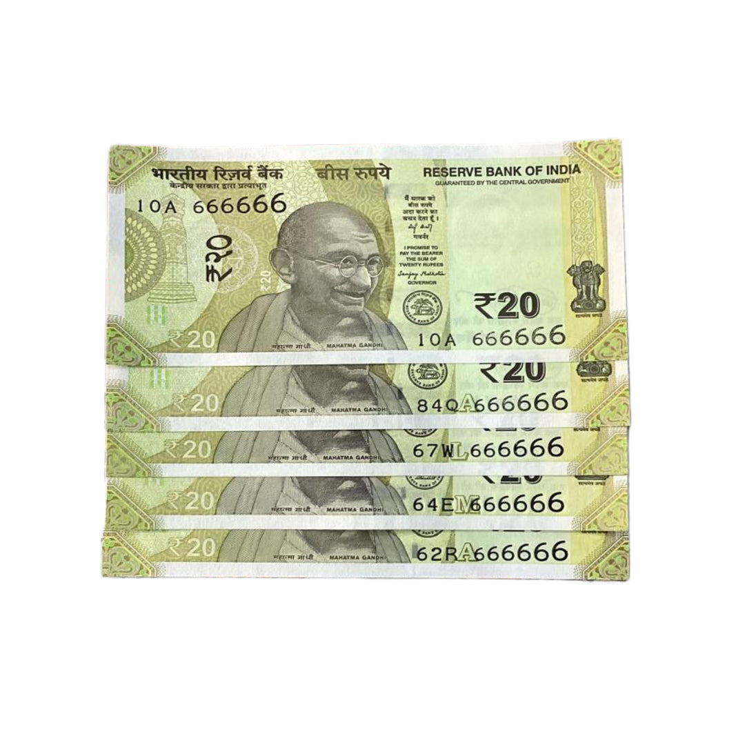 Rs 20 solid number all 666666 each note price governor sanjay malhotra rare collectible - Collection Bazzar