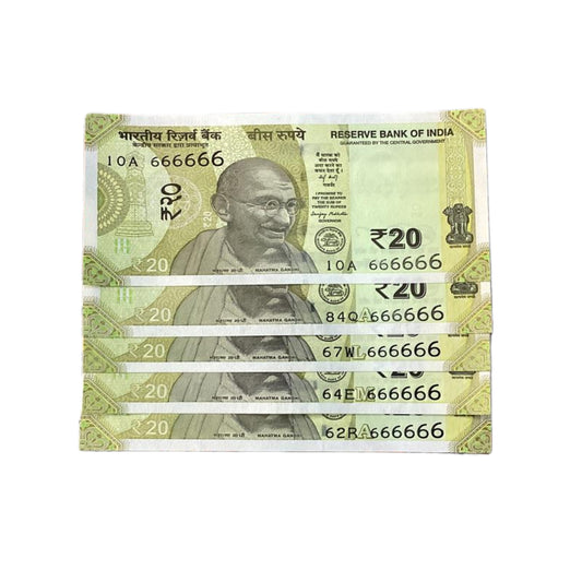 Rs 20 solid number all 666666 each note price governor sanjay malhotra rare collectible - Collection Bazzar