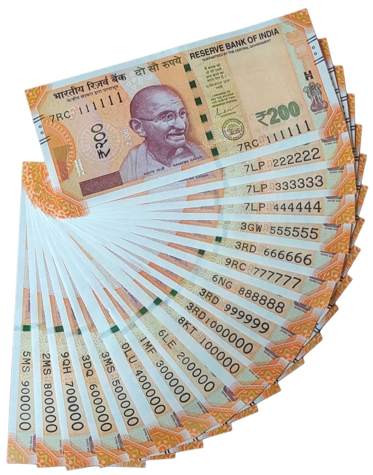 Rs 200 Fancy Number Note Set – Rare 7-Digit Series (100000 to 900000 | 1111111 to 1000000 | 1 Million Serial Collection | RBI Original UNC Notes) - Collection Bazzar