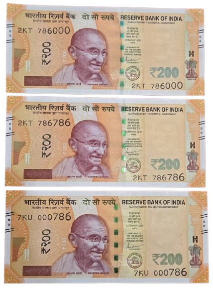 Rare Rs 200 note set with serial numbers 786000, 786786, and 000786 in Gem UNC condition – collectible Indian currency