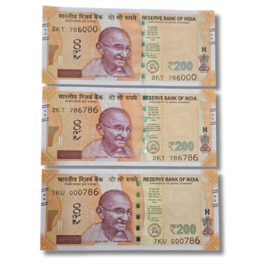 Rs 200 Note 3-Note Set Serial 000786, 786000, 786786 Gem UNC - Collection Bazzar