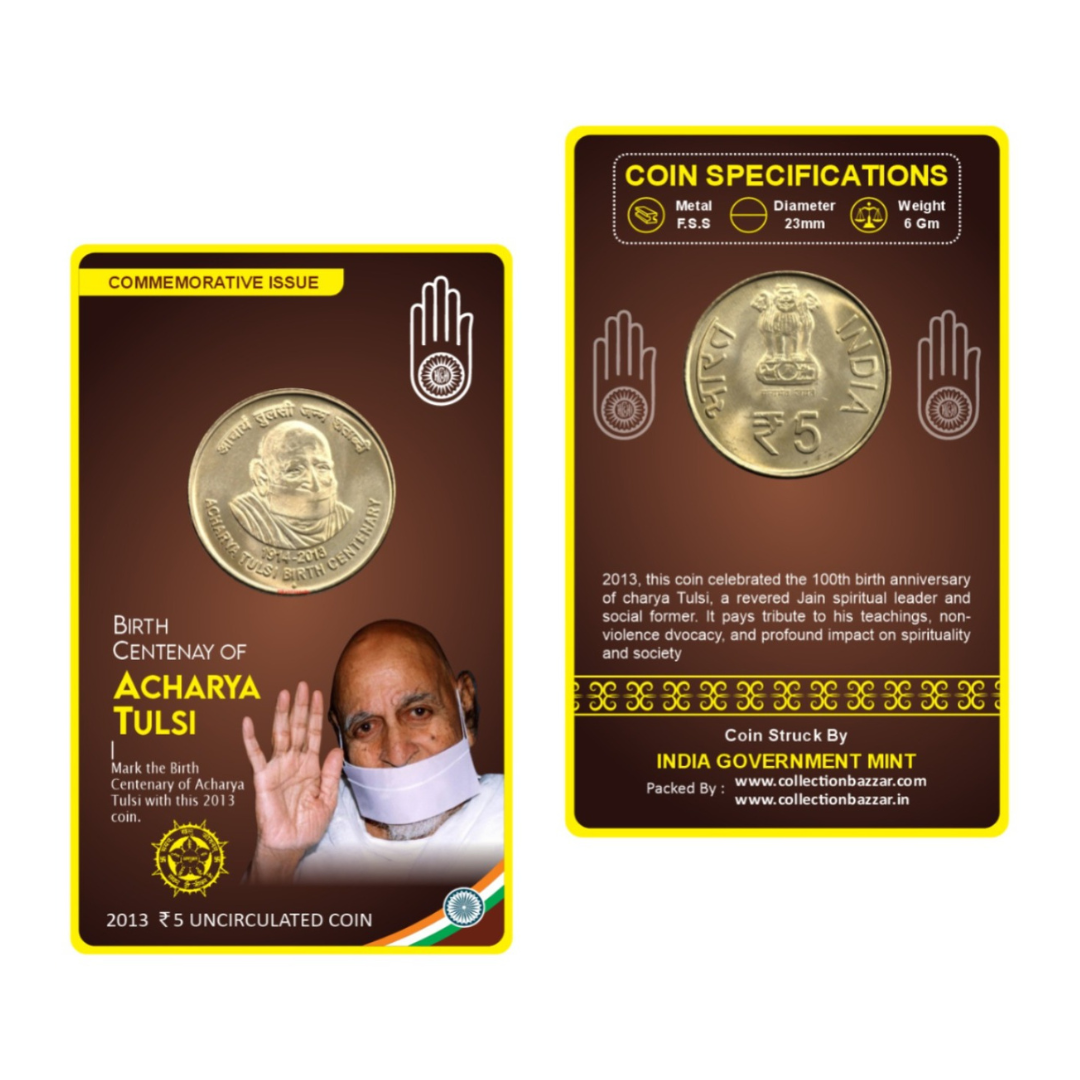 Rs 5 Birth Centenary Acharya Tulsi Coin Card 1914 - 2013 spl edition buy rare - Collection Bazzar