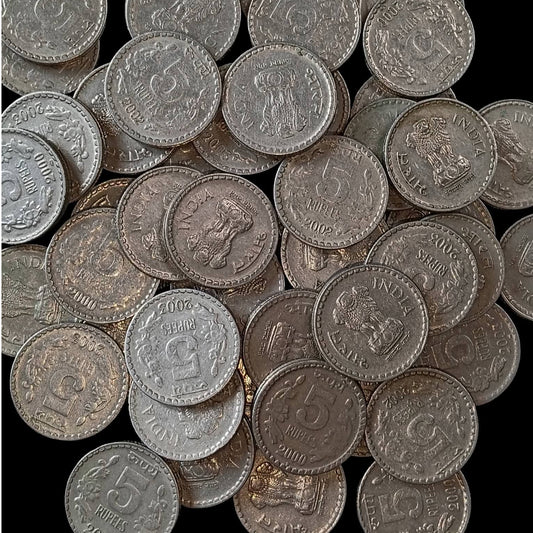 Rs 5 Coins Mix Copper Nickel 50 Coins Lot AUNC Condition - Collection Bazzar
