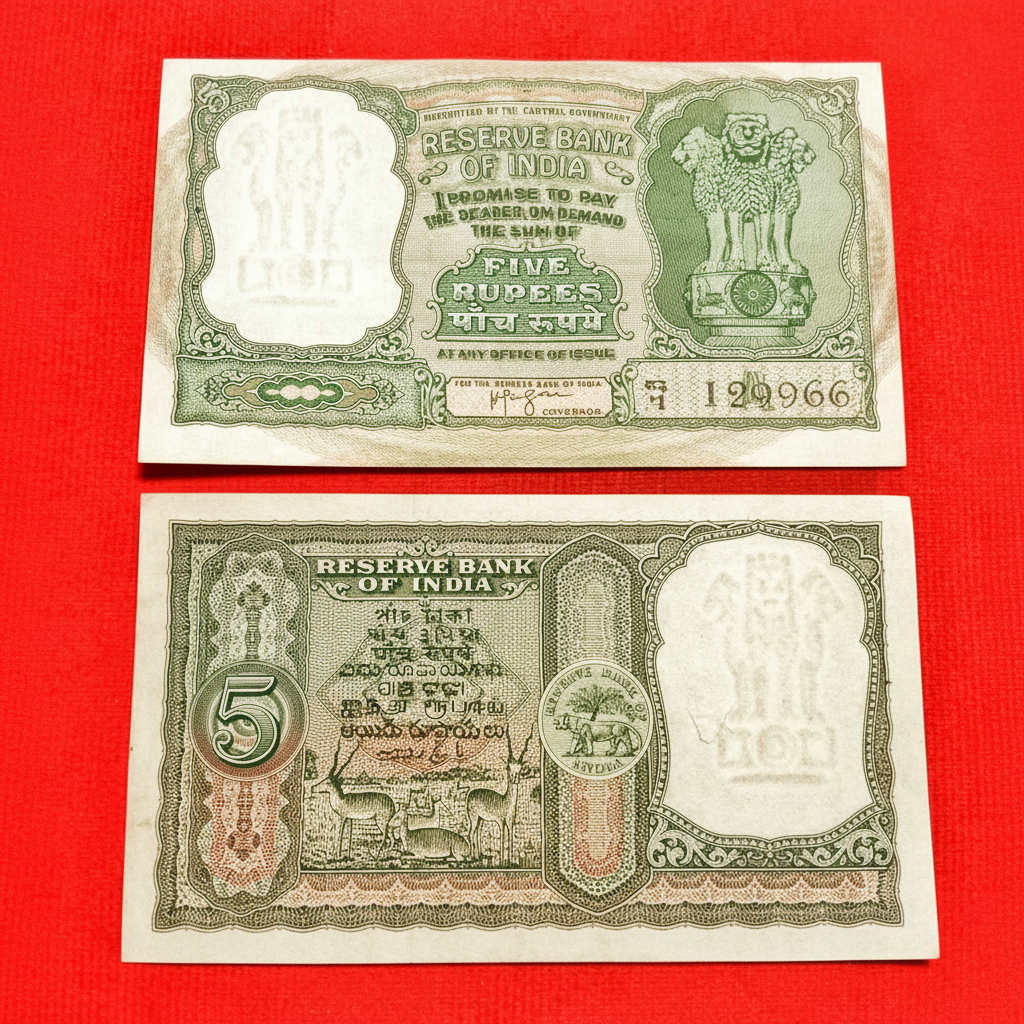 Rs 5 Fafda note 6 deer HVR Iyenger sign vintage issue serial 129966 - Collection Bazzar