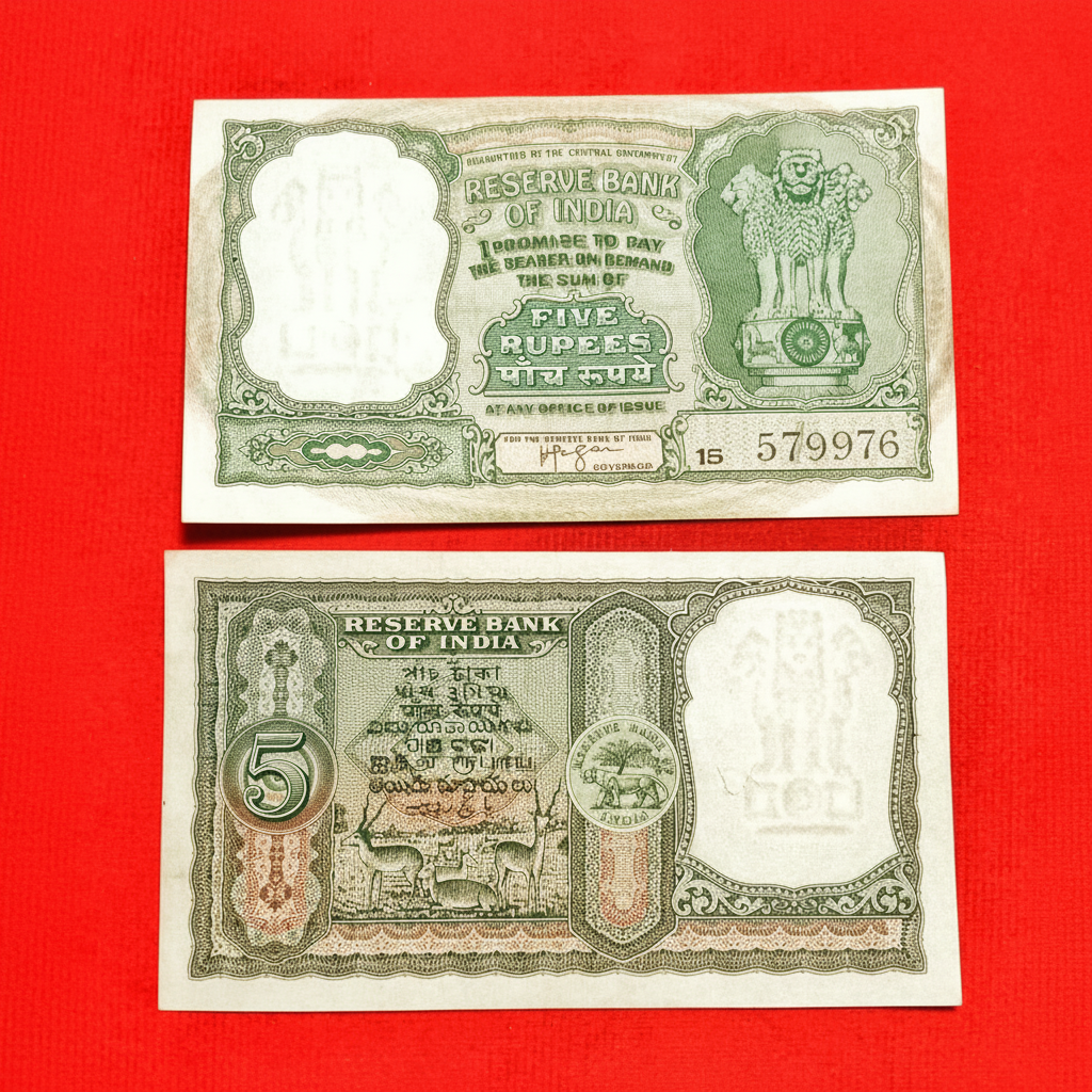 Rs 5 Fafda note 6 deer HVR Iyenger sign vintage issue serial 129976 - Collection Bazzar