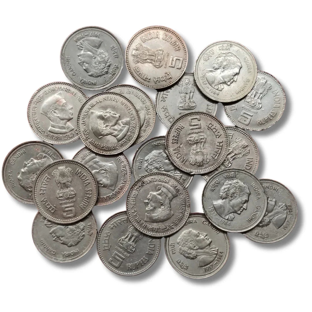 Lot of 5 rupees copper-nickel Indian commemorative coins featuring Nehru and Gandhi