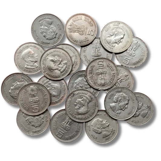 Lot of 5 rupees copper-nickel Indian commemorative coins featuring Nehru and Gandhi
