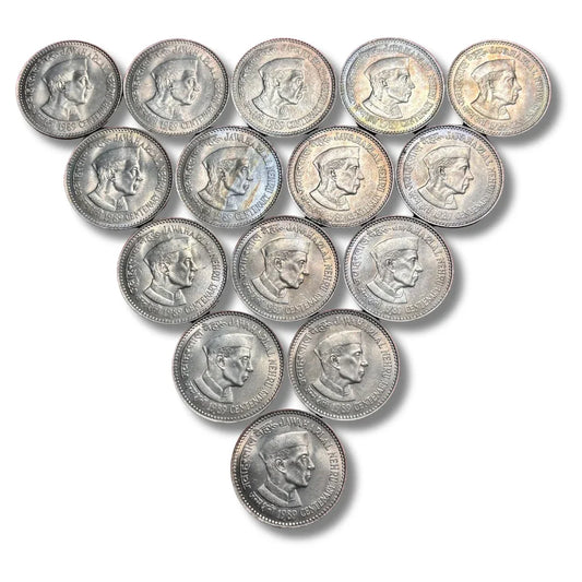 Vintage Indian commemorative coins with Jawaharlal Nehru portrait arranged in a triangle