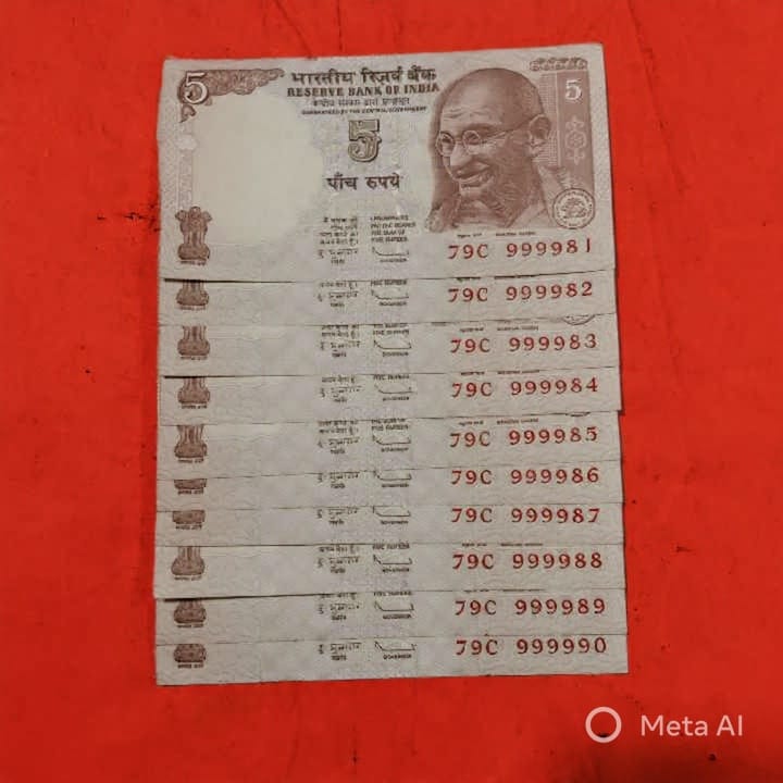 Rs 5 Near Solid 9s Consecutive Set of 10 Notes (999981-999990) - Collection Bazzar