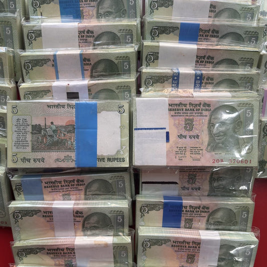 Rs 5 Note Packet new gandhi serialed fancy number 1800 each excellent condition - Collection Bazzar