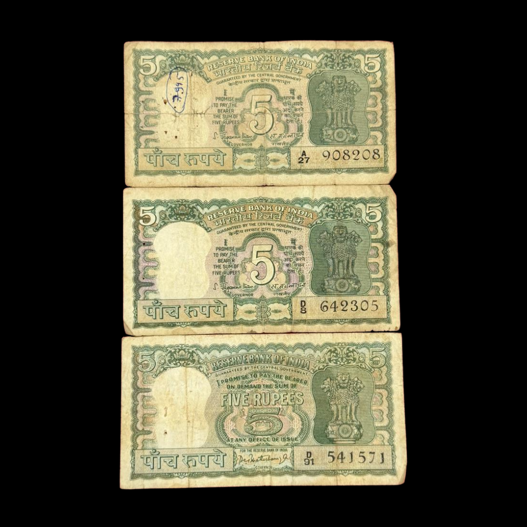 Rs 5 Old Set of 3 Notes Mix Governor Any Serial Used Condition four dear - Collection Bazzar