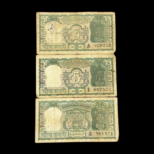 Rs 5 Old Set of 3 Notes Mix Governor Any Serial Used Condition four dear - Collection Bazzar