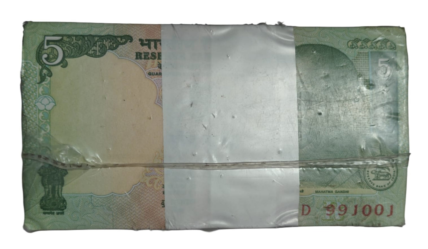 Rare ₹5 rim packet with serial number 991001, RBI old Gandhi series issue 1000 UNC notes full rim bundle