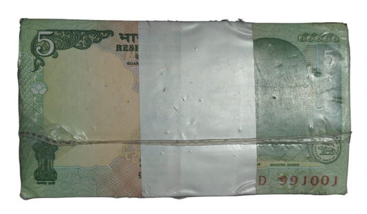 Rare ₹5 rim packet with serial number 991001, RBI old Gandhi series issue 1000 UNC notes full rim bundle