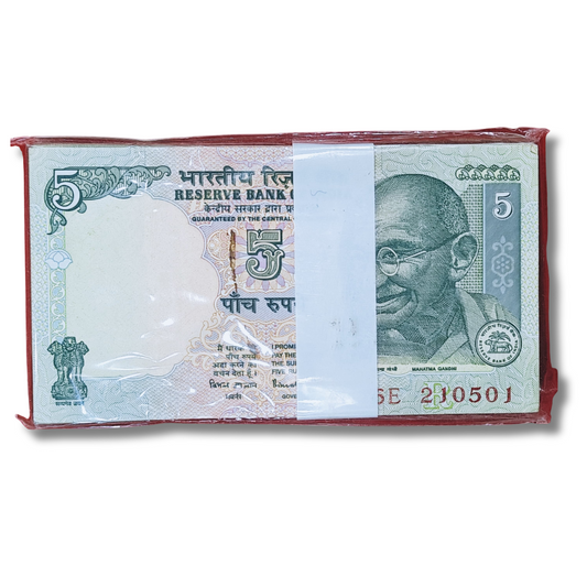 Rs 5 Tractor Gandhi Anniversary note dated 21.05.01, full packet of 100 notes in GEM UNC condition.