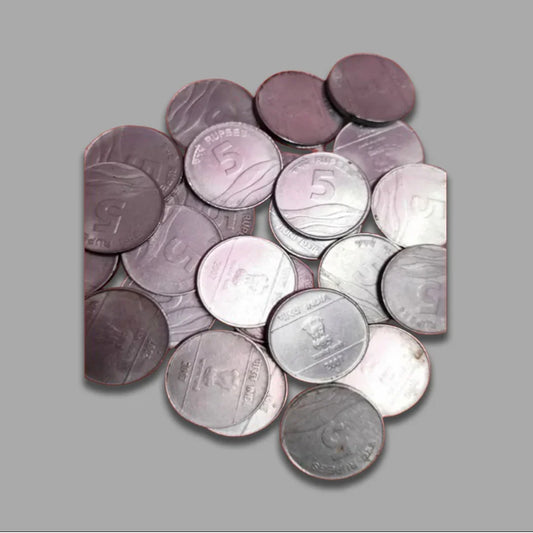 Lot of Indian 5 rupees collectible coins in excellent condition on grey background